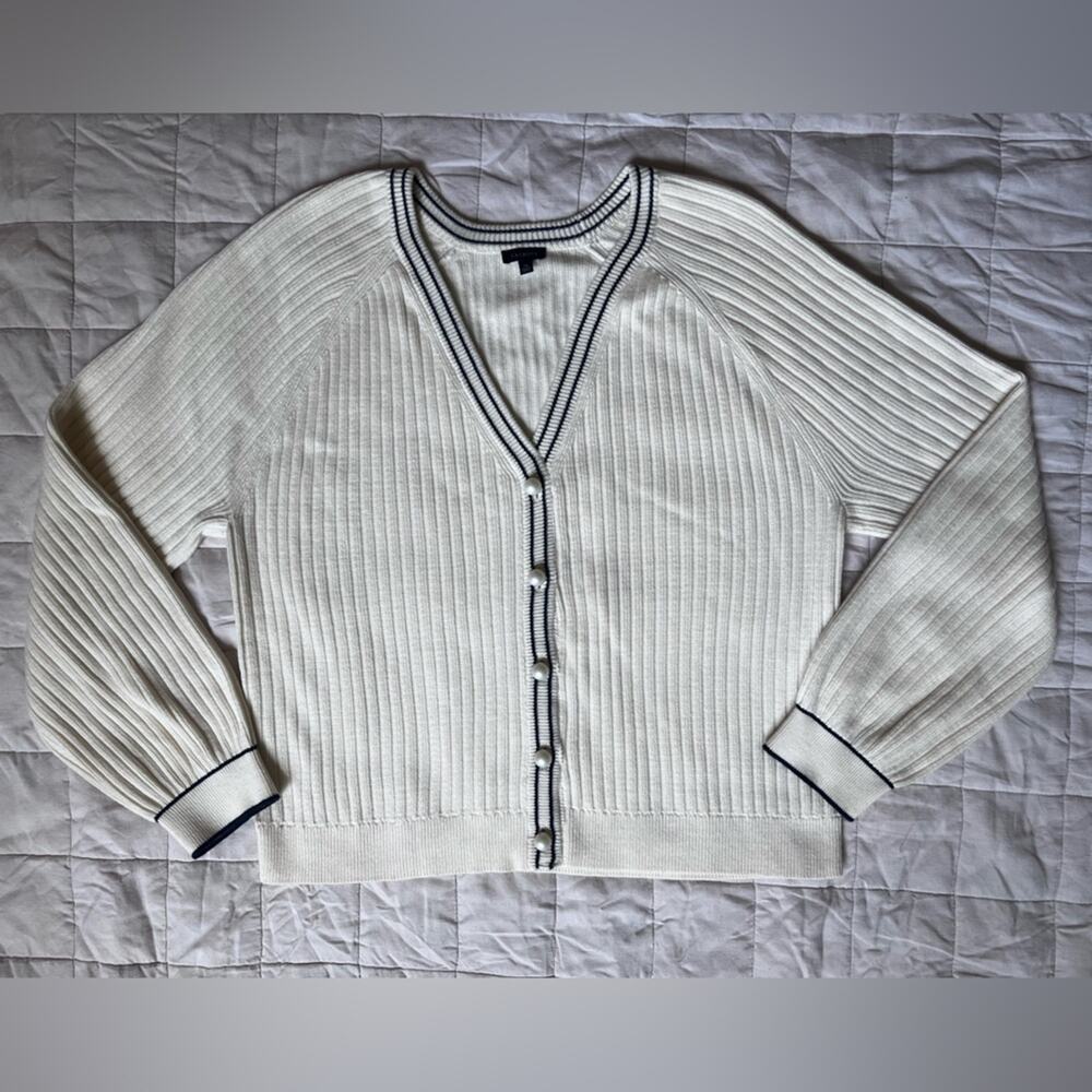 Talbots Cream Navy Trim V Neck Rib Knit Cardigan Sweater Old Money Preppy - XL